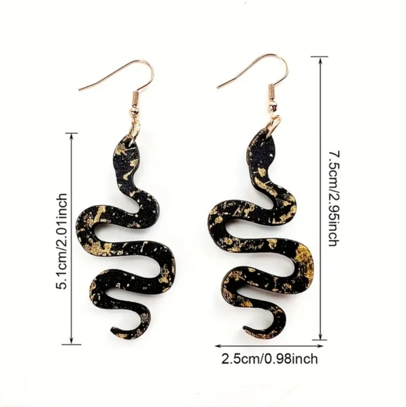 Snake Earrings Lightweight Black Gold Dangle - Picture 3 of 6